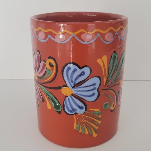 Vintage Terra Cotta Pottery Coffee Tea Mug Hand Painted Floral Leaf Motif Boho - Picture 2 of 5